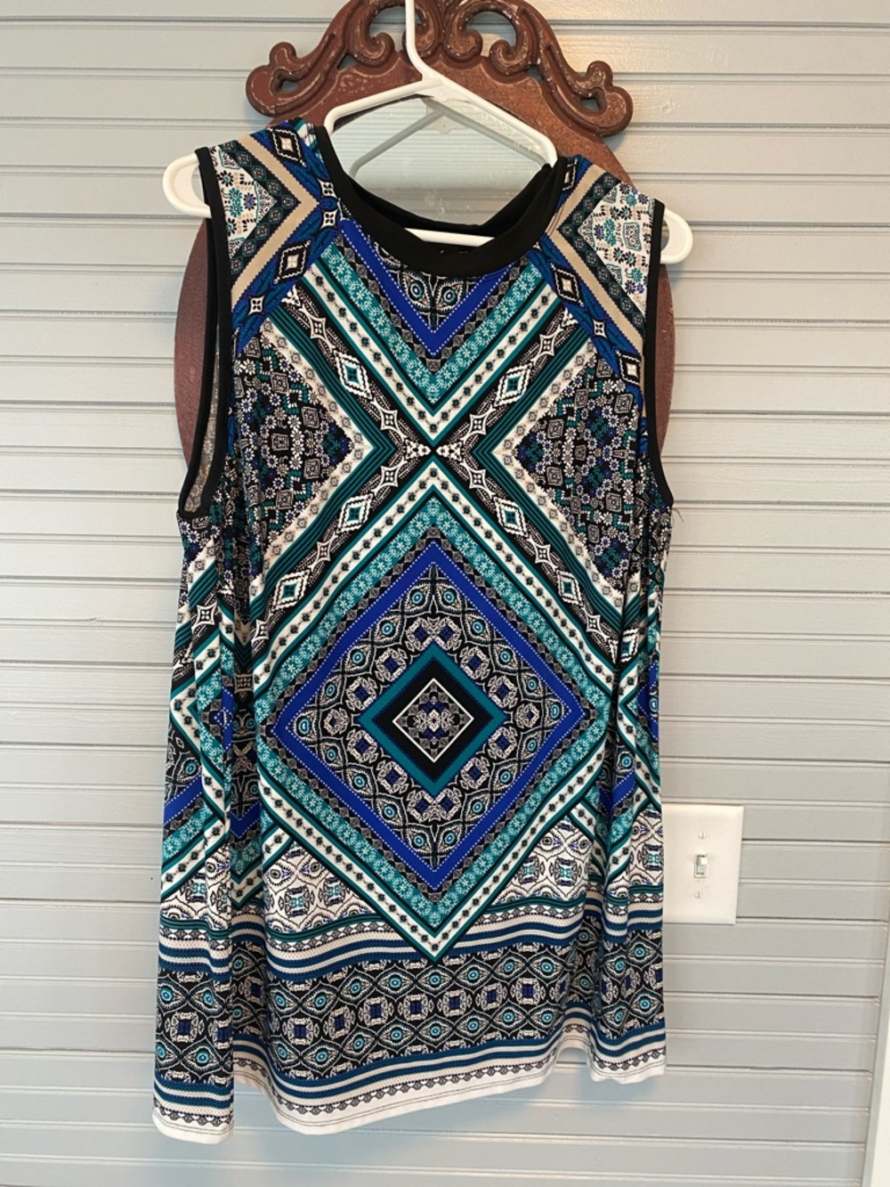 Sleeveless Geometric Print Dress/long top- Blue Multi